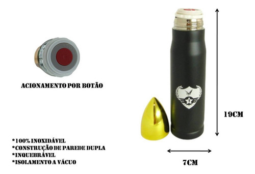 Garrafa Térmica Inox Bala Bullet Munição Projétil Cápsula P Cor Preto