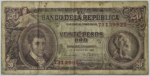 Billete 20 Pesos 02/ene/1965 Colombia Vf