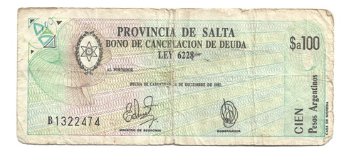 Liquido Bono Billete Argentina 100 Pesos Argentinos Salta