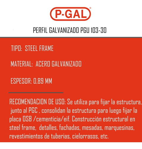 Perfil Pgu Galvanizado 103x30x0.90 Tira X 6mts P-gal