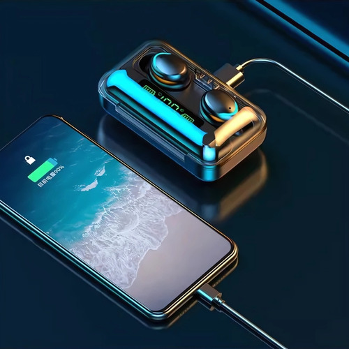 Combo Mochila Antirrobo Usb + Powerbank + Auriculares F9 Azul/dorado Liso