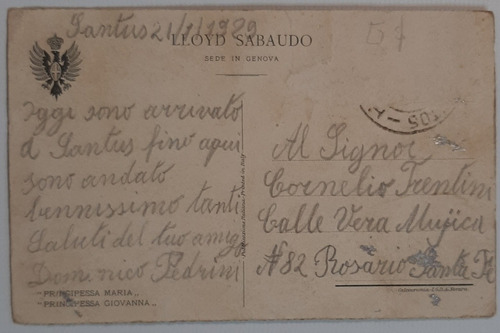 Postal Barco Antiguo Lloyd Sabaudo Genova Arg. X2 Ro 182 (Usado)