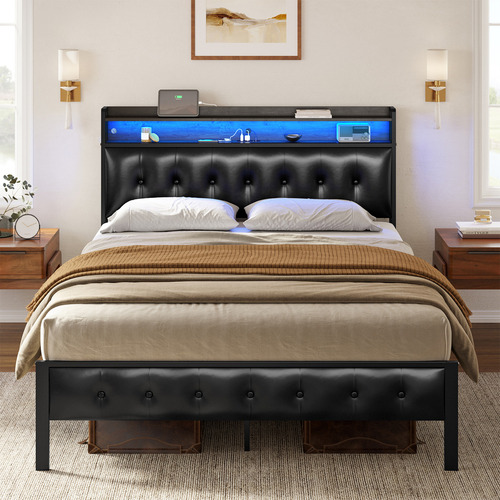 Base Cama King Fabato FAKIN031-BRN Puertos Usb Luces Led Color Negro