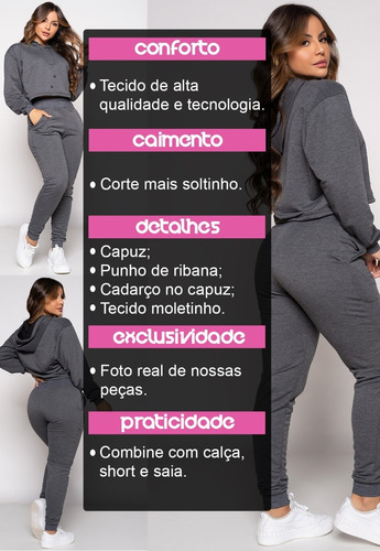 Imagem 7 de 9 de Blusa Croped Casaco Manga Longa Moletinho Capuz Frio Inverno