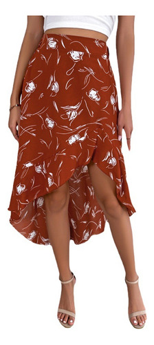$falda Midi Floral De Poliéster Asimétrico Con Volantes Para