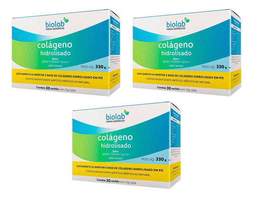 Kit 3 Colágeno Hidrolisado Laranja Com 30 Sachês - Biolab