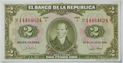 Billete 2 Pesos 20/jul/1944 Colombia Au