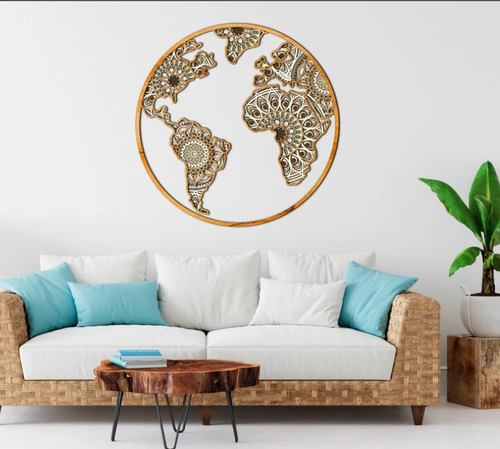 Cuadro Decorativo Mapa Mundo Circular Mandala En Madera 