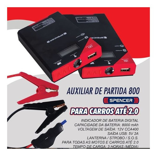 Auxiliar De Partida Carro Moto 800 Mah Spencer 20013