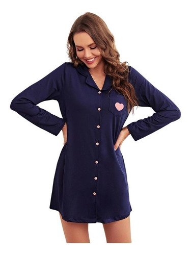Vestido De Pijama De Mujer Con Botones Y Mangas Largas Con C