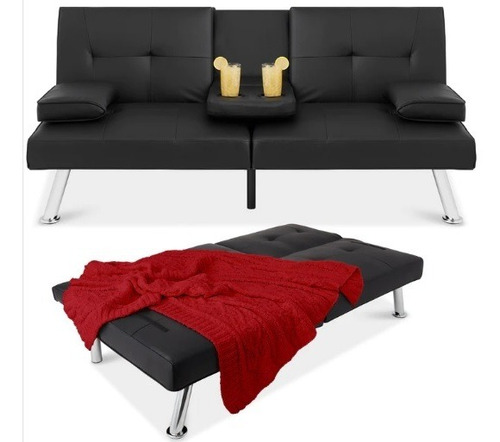 Sofá Cama Futón Convertible De Piel Sintética Negra