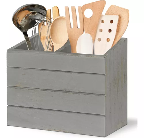 Soporte de utensilios de madera para encimera de cocina, organizador de  utensilios con 2 compartimentos, organizador de utensilios de cocina para