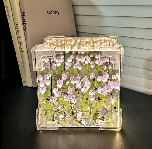 Lámpara Cubo Espejo Tulipanes Infinitos P/armar Usb 12cm Lila