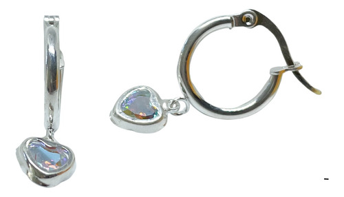 Aros Argolla De Acero Blanco Con Dije Corazon De Cristal 