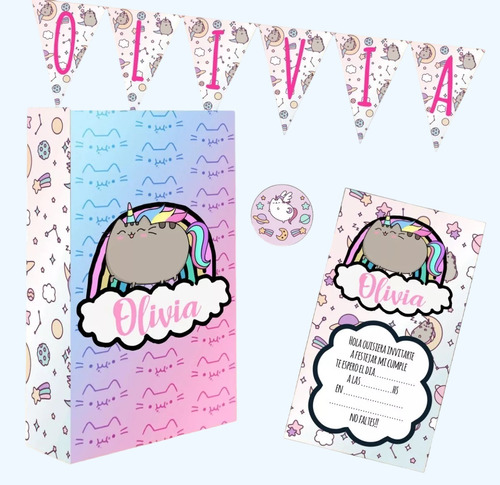 Combo De Cumpleaños Personalizado Para 20 Chicos Gato Kawaii