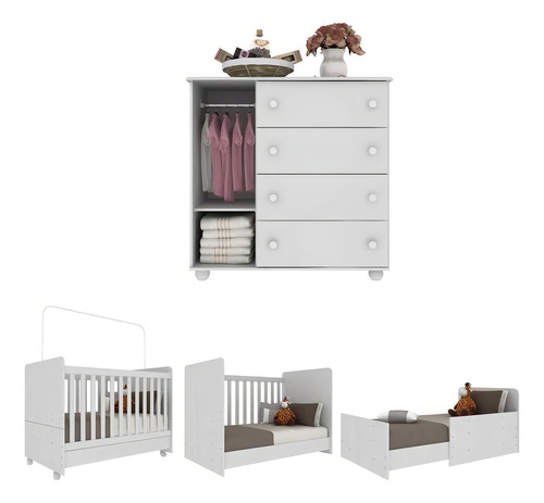 Quarto Infantil Berço com Colchão Incluso e Cômoda Multimóveis Pimpolho FG3570 Branco