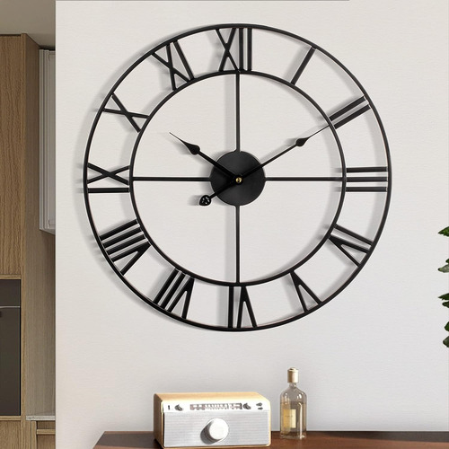 Reloj De Pared Grande De Metal Con Numeros Romanos Retro,...