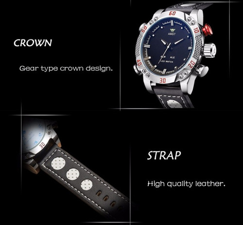 Relógio Esportivo Pulseira De Couro Amst Com Mostrador Led