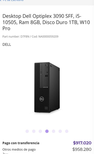 Cpu Dell Optiplex 3090 Sff, I5-10505, Ram 8gb, Disco Duro 1t