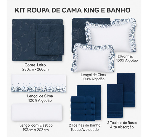 Kit Roupa De Cama King Suíte Master 12 Peças + Jogo De Banho Azul-aço Topázio