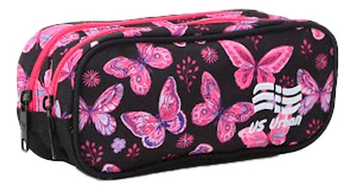 Set Mochila Escolar Lonchera Y Lapicera Niña Flores Negra Con Rosa Color Negro Diseño de la tela Estampado