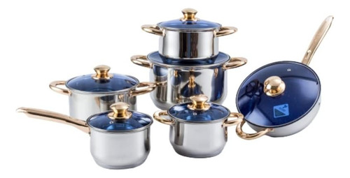 Bateria De Cocina Acero Inoxidable Royal Belle Cuisine 12pz Color Plateado Con Azul