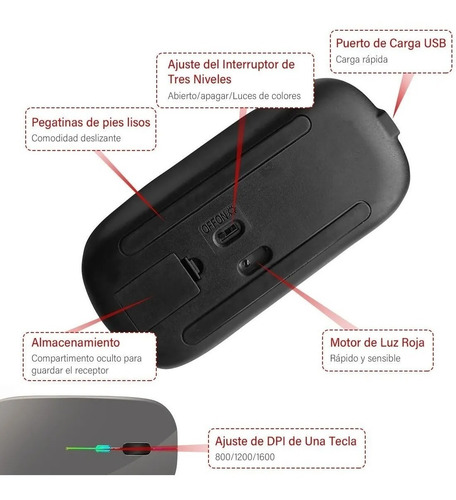 Imagen 5 de 8 de Ratón Inalámbrico Usb Recargable Con Luz Led Rgb