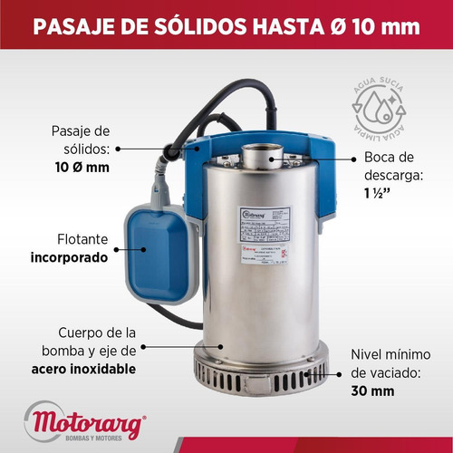 Imagen 3 de 11 de Bomba Desagote Agua Limpia Motorarg Sd Inox 750 1 Hp