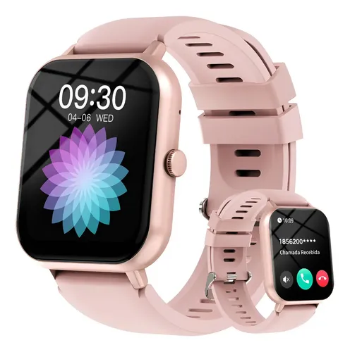 FOXBOX Bluetooth Smartwatch Resistente À Água Esportivo Relógio Inteligentes Feminino Caixa Rosa Pulseira Rosa Pulseira Silicone WhatsApp Mensagens Notificações Customização de mostradores