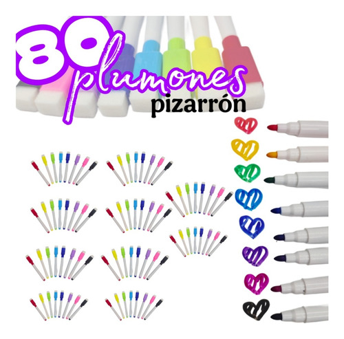 80 Plumones Para Pizarrón Con Borrador Delgados 8 Colores Mixto