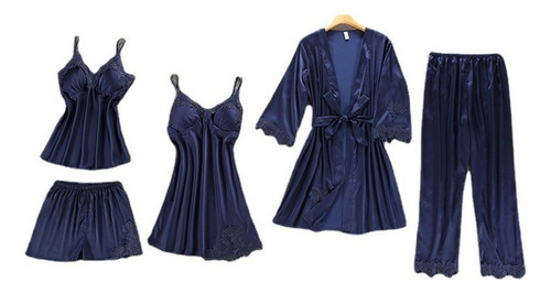 Set De Pijama Dama Sexi Ropa De Dormir Bata De Seda 5 Piezas