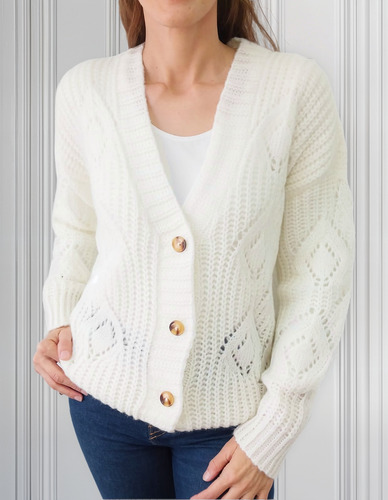Saco Cardigan Oversize Tejido Lana Frizada Con Botones Mujer