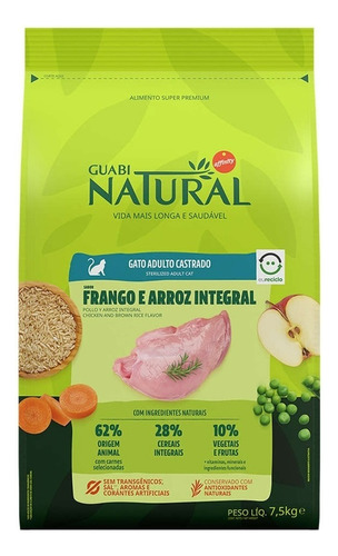 Ração Gatos Castrados Frango E Arroz 7,5kg Guabi Natural