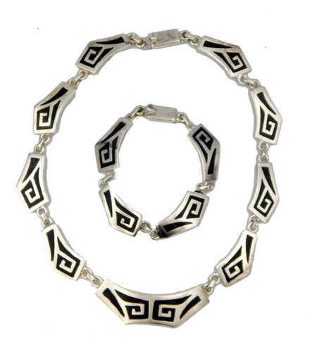 Conjunto Collar Y Pulsera Grecas Aztecas Mexico En Plata 925