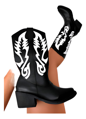 Bota Texana Mujer Caña Añta Taco Bajo Bordadas Negro
