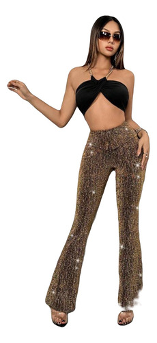 Pantalón Acampanados Pretina Ancha Brillante Dorado