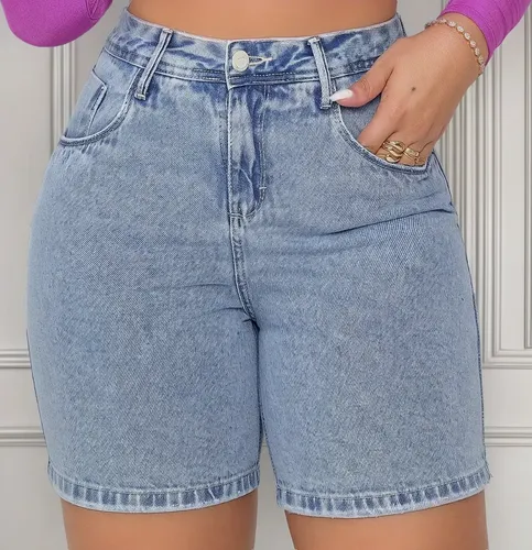 Bermuda Jeans Cintura Alta Feminina Com Estonado Na Lavagem