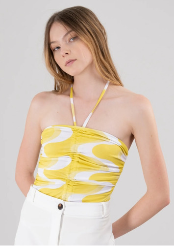 Shasa Bodysuit Halter O Strapless De Tanga Amarillo Y Blanco