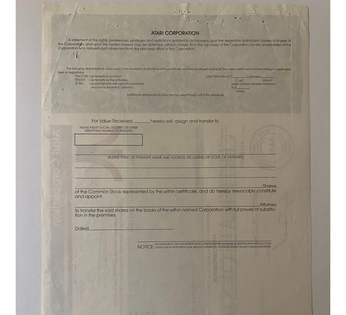 Documento Accionario De Atari Corporation Únicas En M.l. (Usado)