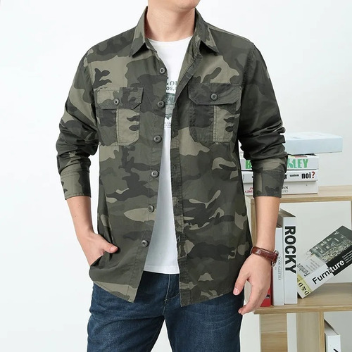 Camisas De Manga Larga Green Cargo Para Hombre, Camuflaje Tá