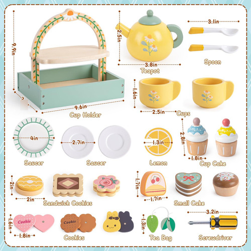 Juego De Té De Madera Para Niñas, Accesorios Incluidos
