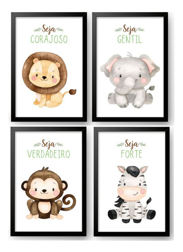 Kit 4 Quadros Decorativos - Safari Aquarela*