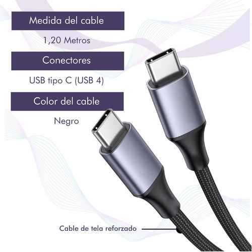 Imagen 4 de 10 de Cable Tipo C 120cm 40gbps 100w 8k 60ghz Thunderbolt 3