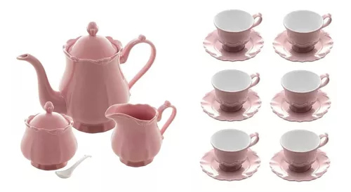 Conjunto de Bule para Chá /Café de porcelana Fancy wolff na cor rosa