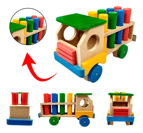 Caminhão Com Pinos De Madeira - Brinquedo Educativo Madeira