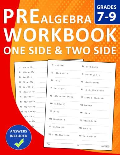 Book : Pre Algebra Workbook For Grades 7-9 Exercises With..