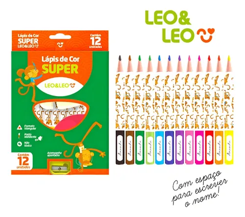 comprar Lápis Super Jumbo 12 Cores Grosso + Apontador Leo E Leo
