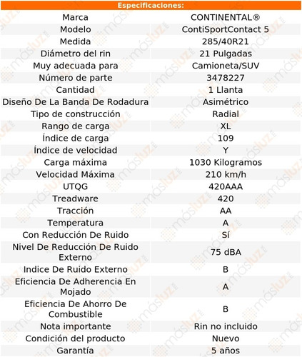 1 Llanta Contisportcontact 5 Continental 285/40r21 109y Xl
