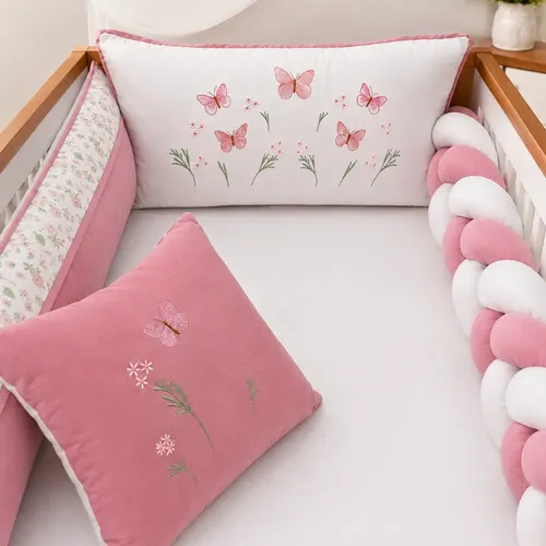 Kit Berço Americano Menina Borboleta Rosê 9 Pçs Luxo Algodão Borboletas Rosê Com Branco