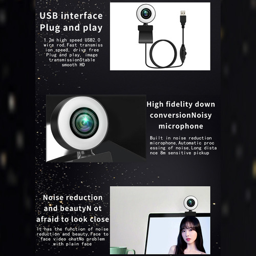 Webcam 1080p Con Luz Ajustable.micrófonos Reductores De Ru